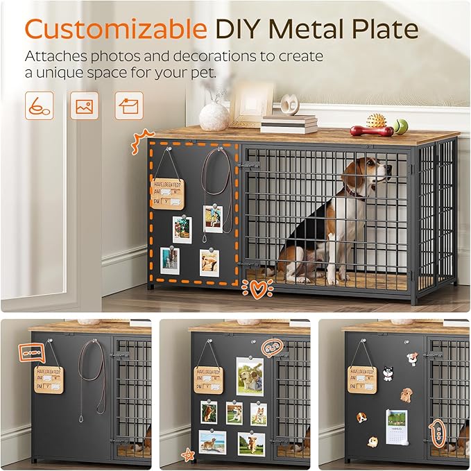 YATINEY Foldable Dog Crate Furniture, 47.2" Dog Crate with DIY Frame, Heavy Duty Dog Kennel Indoor with Hooks, Wooden Dog Cage End Table, for Small/Medium/Large Dogs, Rustic Brown DC120BR