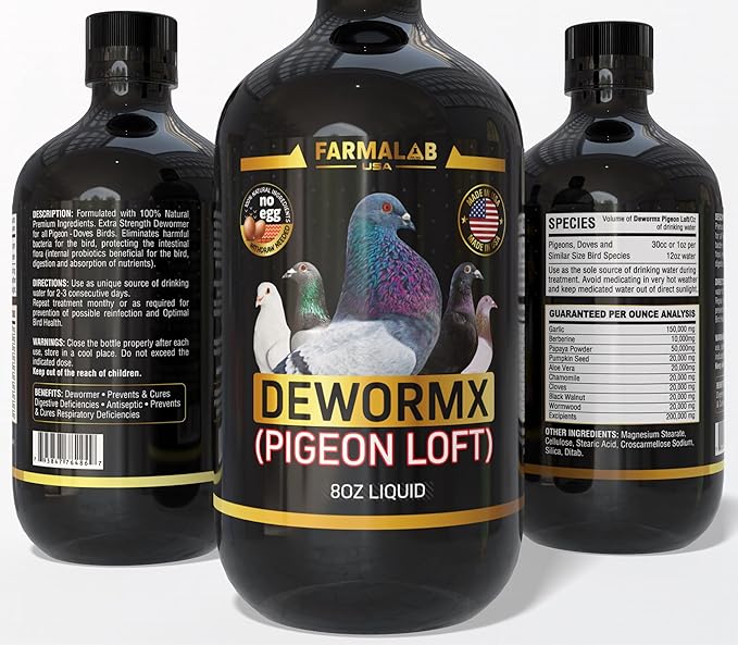 Farmalab Natural Dewormer No Withdraw Hens, Ducks, Roosters, Turkeys, Goose, Parakeets, Cockatiels, Lovebirds, Finches, Quakers, Pigeons, Palomas, Buchones, All Baby Chicks (8oz, Pigeon Loft)