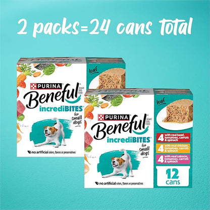 Purina Beneful Small Breed Wet Dog Food Variety Pack, IncrediBites Loaf, Chicken, Beef and Salmon Flavors - (2 Packs of 12) 3 oz. Cans
