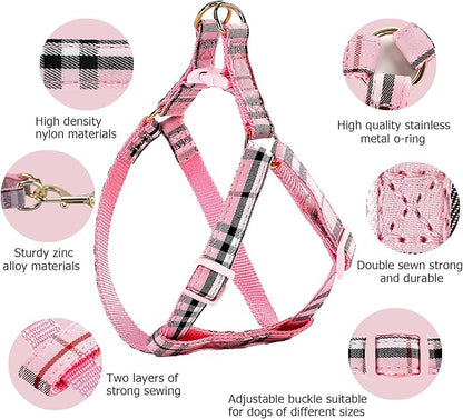 Cute Plaid Dog Collar Harness and Leash with Safety Buckle - Adjustable and No Pull Comfortable Dog Collars for Small Puppy, Stylish Durable Gift for Boy Girl Pets