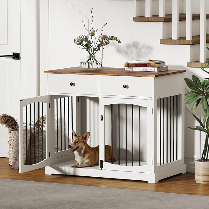 Dog Crate Furniture, Wooden Dog Kennel Furniture, Heavy-Duty 40" Dog Crate End Table with Storage Drawers, Double Doors Decorative Pet Cage House Indoor for Small Medium Dog, White