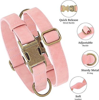 Didog Soft PU Leather Dog Collar, Stylish Quick Released Dog Collars for Medium Dogs, Easy Clean Adjustable Pet Collar for Daily Walking, Pink, M Fit 14-18" Neck