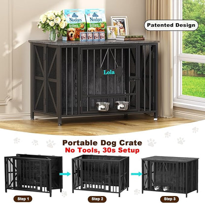 Easycom Foldable Large Dog Crate Furniture, 41.3" Assembly-Free Dog Crates for Large Dogs, Decorative Wooden Dog Kennel Indoor with Tag & Dog Bowls, Dog Cage Use as TV Stand, Dark Grey