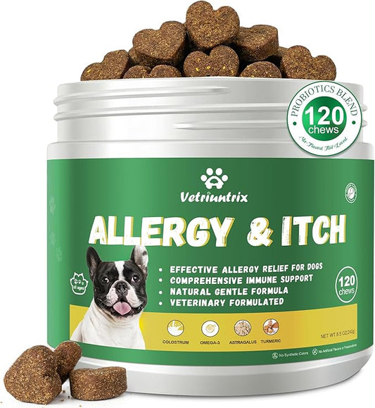 Dog Allergy Chews, Dog Allergy Relief Chews Coat Supplement for Itchy Skin, Probiotics for Dogs with Colostrum Omega-3 Immune Supplement-120ct