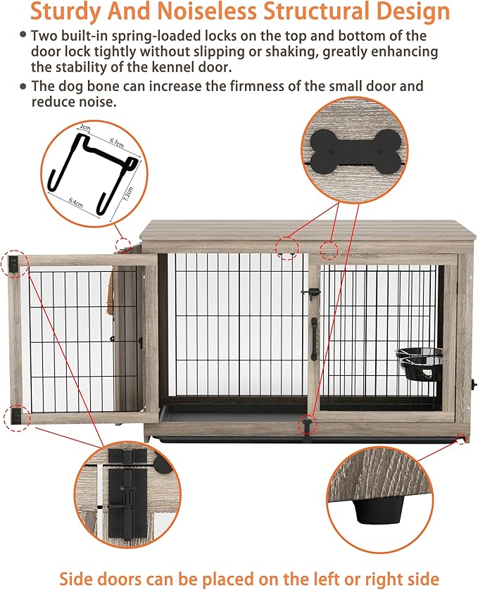 Piskyet Wooden Dog Crate Furniture with 360°Rotatable Removable Dog Bowls, Dog Crate End Table with Tray, Double Doors Dog Kennels for Dogs(M:31.8" L*22.1" W*24.1" H, Gray)
