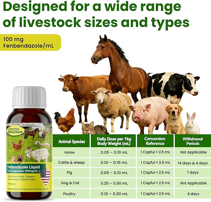 Dewormer for Goat, Chickens, Horses, Sheep, Poultry & More, Fenbendazole for All Wormers, Tapeworms, Roundworms & Hookworms, 100 ml
