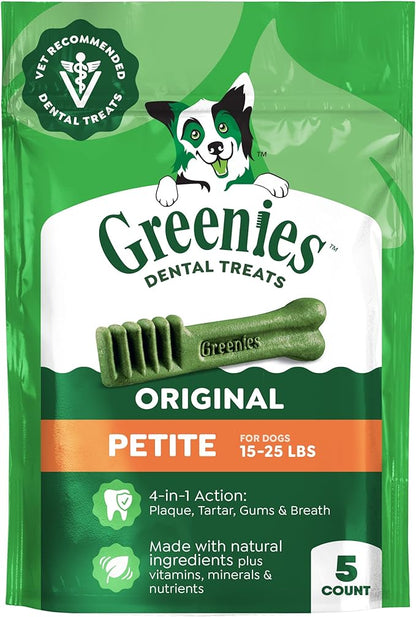 Greenies Veterinarian-Recommended Adult Natural Dental Dog Treats Petite Size, Dog Dental Chews, Original Flavor, 3 oz. Pack, 5 Count
