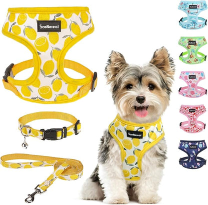 SCENEREAL Small Dog Harness and Leash Collar Set - No Pull Dog Harness for Small & Medium Sized Dogs - Soft Mesh Vest for Puppies, Chihuahua, Yorkie, Spring Summer Hiking Walking, Yellow Lemon S