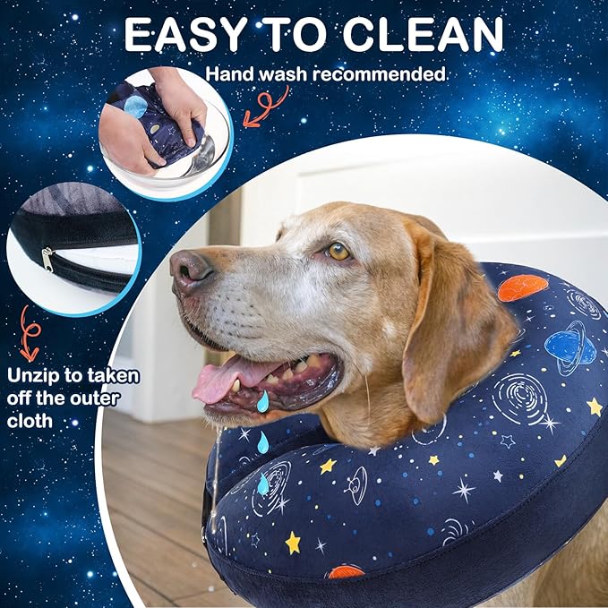 SCENEREAL Dog Cone Alternative After Surgery Donut Collar, Soft Pet Recovery Pillow Collar for Medium Large Dogs, Inflatable Adjustable Neck Collars to Prevent Licking, Planet Print E-Collars M