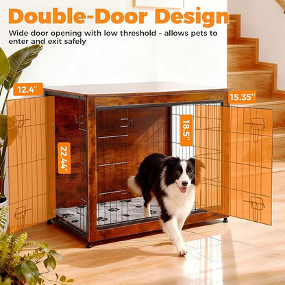 SHAWKEN Wooden & Metal Large Dog Crate Furniture Indoor with Soft Cushion, Double-Door Dog House, 37.4" L Dog Kennel (Rustic Brown, Large)
