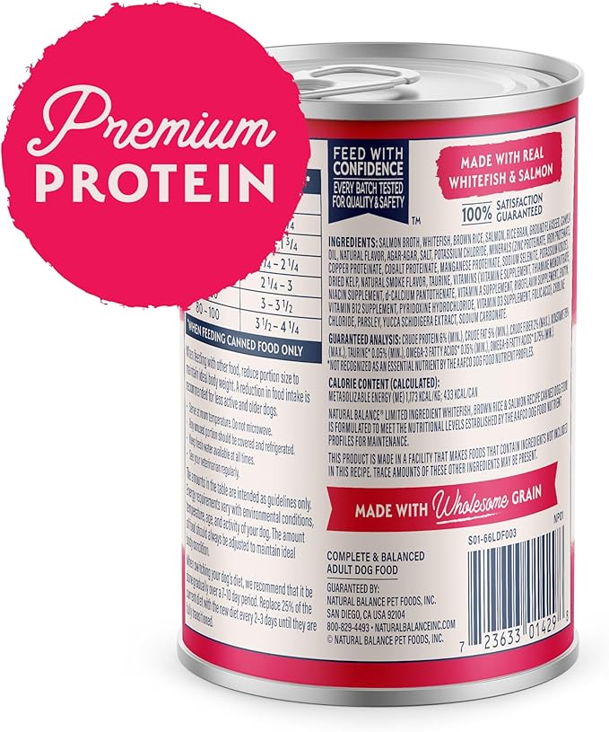 Natural Balance Limited Ingredient Adult Wet Canned Dog Food with Healthy Grains, Whitefish, Brown Rice & Salmon Recipe, 13 Ounce (Pack of 12)