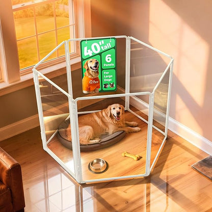 FXW AuraSpace Pro Acrylic Indoor Dog Playpen, Heavy-Duty with Metal Frame, 40" Height 6 Panels for Medium and Large Dogs, White│Patented