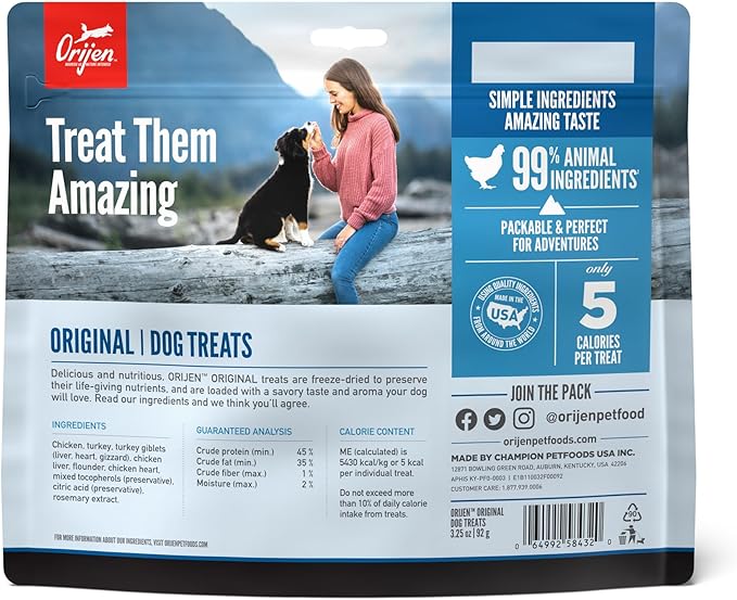 ORIJEN Grain Free High Protein Freeze Dried Dog Treats Original Recipe 3.25oz Bag