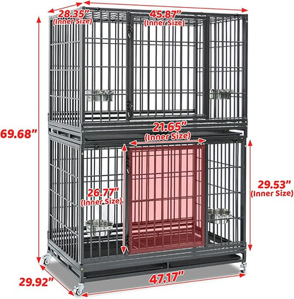 Homey Pet Two Tiers 47 Inch Heavy Duty Indestructible Dog Crate, Stackable Escape Proof Dog Cage Kennel Indoor with Two Removable Trays, Metal Grids, Wheels, Bowls, Double Doors for Large Dogs(6 Pack)