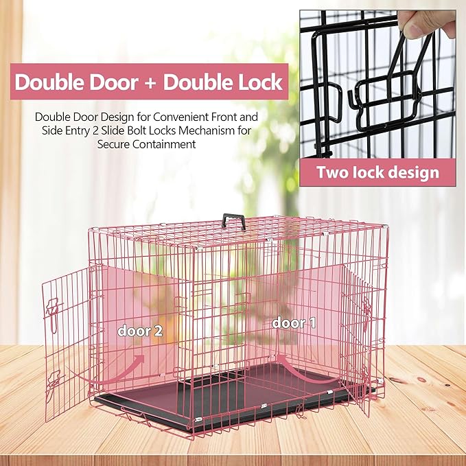 Dog Crate, 24/30/36/42/48 Inch Dog Crates for Small Medium Large Dogs Indoor, Folding Metal Dog Kennel Dog Cage with Double-Door, Divider Panel, Removable Tray, Locks and Handle, (48 Inch, Pink)