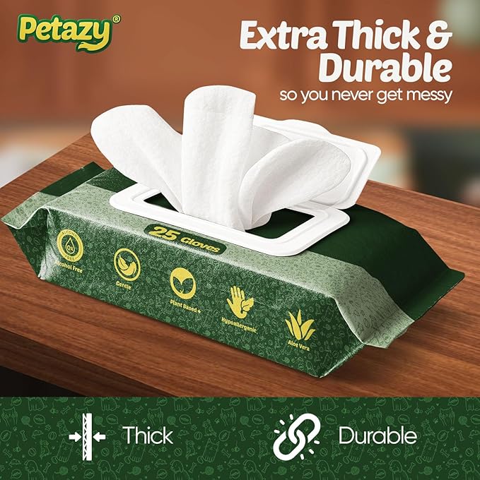 Petazy Pet Glove Wipes for Dogs & Cats – Hypoallergenic Thick Cleaning Gloves with Aloe & Coconut Oil for Paws, Face, Ears & Butt, Instant No Rinse Grooming Wipes to Deodorize and Hydrate, 50 Pack