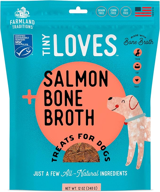 Farmland Traditions Tiny Loves Jerky Trainer Treats for Dogs w/Bone Broth (Salmon, 12 oz.)