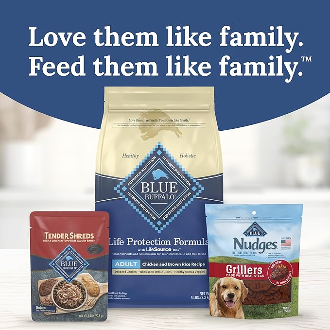 Blue Buffalo Tender Shreds Beef & Chicken Toppers in Savory Broth, Natural Dog Food Complement, Beef, 2.5-oz. Pouch, 24-Count