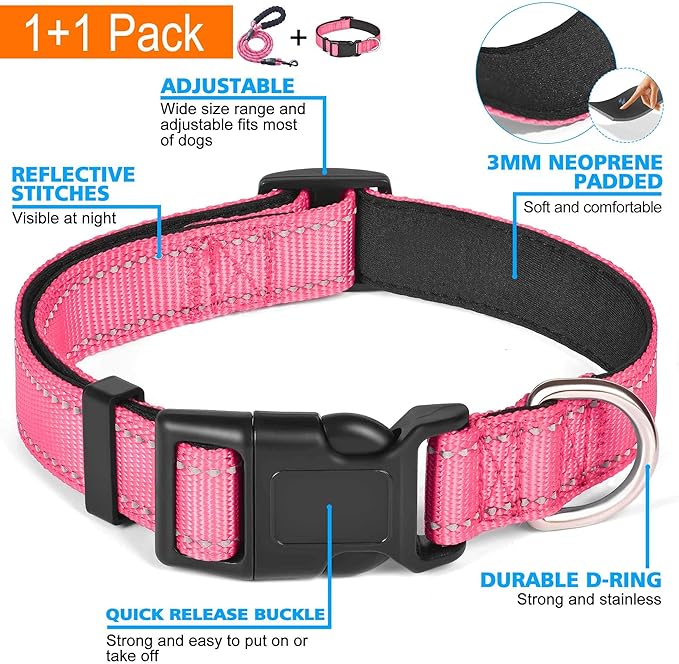 Ladoogo Reflective Dog Collar Padded with Soft Neoprene Breathable Adjustable Nylon Dog Collars for Small Medium Large Dogs (Small (Pack of 1), Pink Collar+Leash)