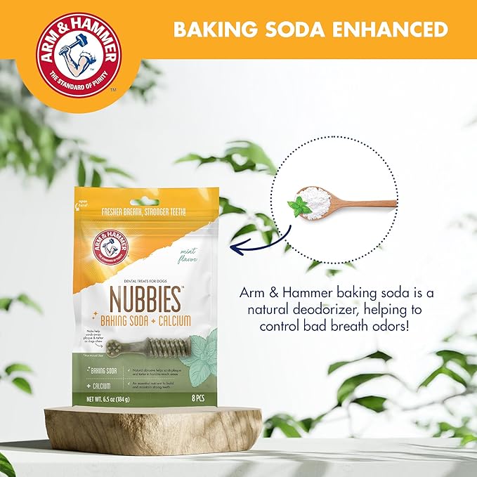 Arm & Hammer for Pets Nubbies Dental Treats - Baking Soda & Calcium Dog Dental Chews, Nubbed Texture Helps Scrub Plaque & Tartar While Chewing, Mint Flavor, 8 Count, 6.5 Ounce