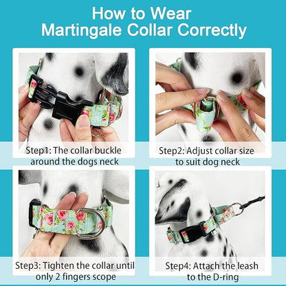 No Pull Martingale Dog Collar with Buckle Floral Slip Collar for Female Dogs (Green Rose,Large)