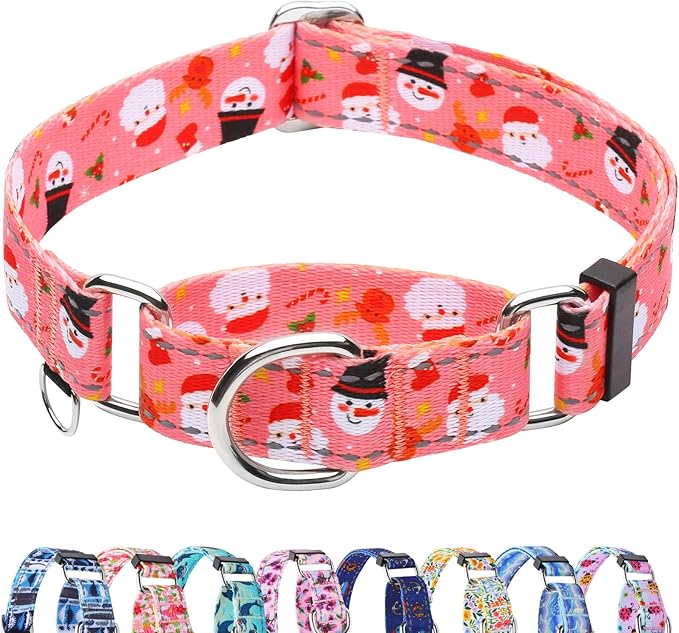 Reflective Christmas Martingale Collar for Dogs Nylon Training Collar with No Buckle No Pull Dog Collar for Large Dogs（Pink Snowman，L）