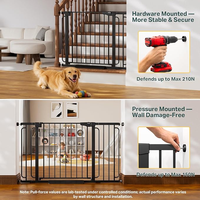 Cumbor Extra Wide Baby & Pet Gate Set, 29.7-48" & 36.6-64" Gates with Dual-Lock, Auto-Close, One-Hand Operation for Stairs, Hallways & Doorways