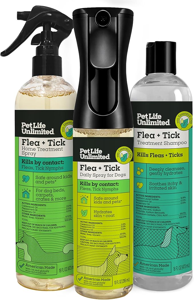 Pet Life Unlimited Natural Flea & Tick 3-Step Kit for Dogs, Plant-Based Prevention and Treatment, Includes Dog Spray, Home Spray & Shampoo, Kill & Repel Fleas, Ticks & Eggs, Soothes Skin