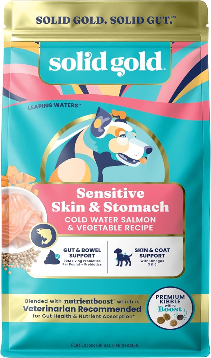 Solid Gold Salmon Dog Food for Sensitive Stomachs – Grain Free & Gluten Free Kibble w/Probiotics to Support Gut Health & Digestion - Sensitive Stomach Dog Food for All Ages – Nutrientboost™ – 3.75 LB