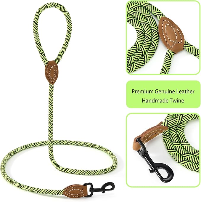 Mile High Life | Mountain Climbing Dog Rope Leash with Heavy Duty Metal Sturdy Clasp | Genuine Leather Tailored Connection with Strong Stitches (Lime Green, 48 Inch (Pack of 1))