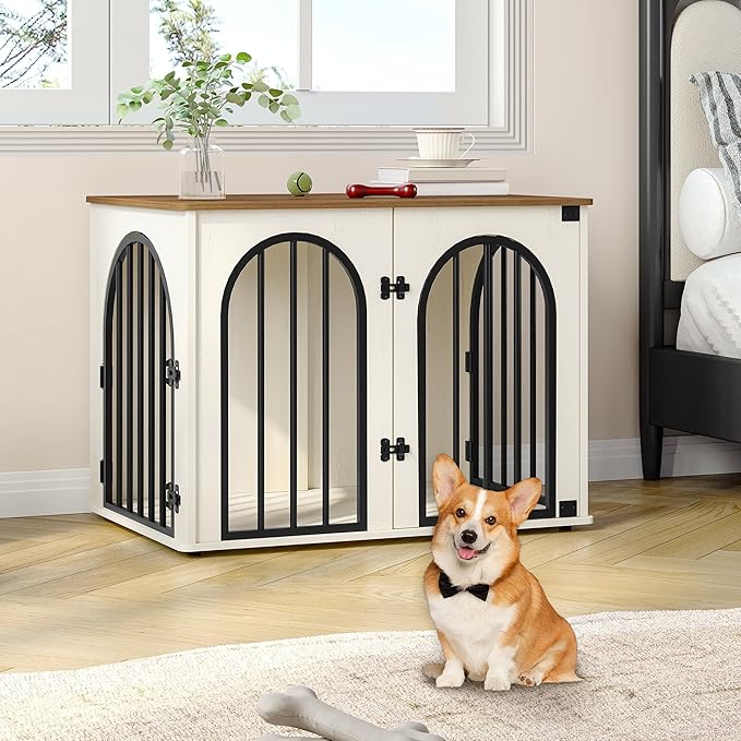 Hzuaneri 31.5'' Wooden Dog Crate Furniture, Indoor Dog Kennel Dogs Cage for Small/Medium Dogs, Heavy Duty Dog Crates Decorative Pet House End Side Table TV Stand, White Brown DFC85114B