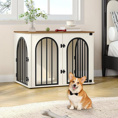 Hzuaneri 31.5'' Wooden Dog Crate Furniture, Indoor Dog Kennel Dogs Cage for Small/Medium Dogs, Heavy Duty Dog Crates Decorative Pet House End Side Table TV Stand, White Brown DFC85114B