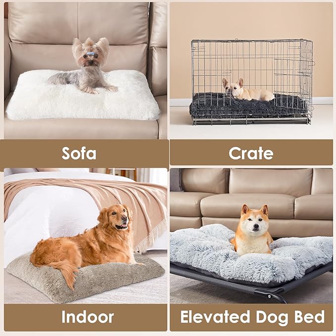 EHEYCIGA Fluffy Dog Crate Bed for Large Dogs, Plush Faux Fur Crate Pad, Calming Anti Anxiety Large Dog Bed, Washable Soft Warm Mat with Non-Slip Bottom, Taupe