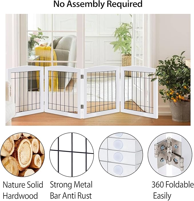 LZRS 4-Panel Extra-Wide Wooden Freestanding Dog Gate: Foldable Solid Wood and Steel Wire Chew Resistant Safety Barrier for Doorways, Stairs, and Large Open Spaces Indoor Use, White