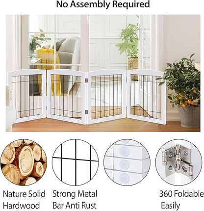 LZRS 4-Panel Extra-Wide Wooden Freestanding Dog Gate: Foldable Solid Wood and Steel Wire Chew Resistant Safety Barrier for Doorways, Stairs, and Large Open Spaces Indoor Use, White