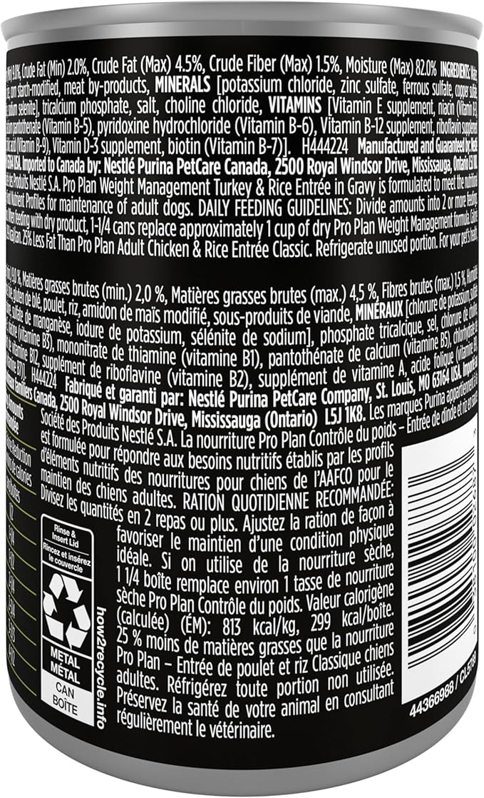 Purina Pro Plan Weight Management Wet Dog Food Turkey and Rice Entree in Gravy - 13 oz. Cans,(Pack of 24)