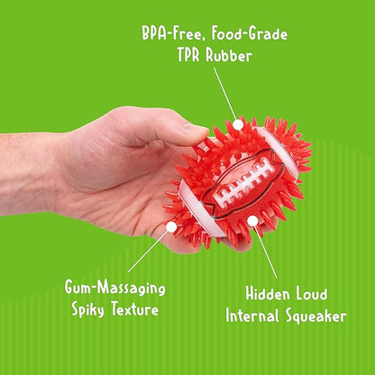 Gnawsome 4.5" Spiky Squeak & Light Football for Dogs - Durable, Rubber Bouncy Puppy Fetch & Chew Toy for Your Pet, Colors Will Vary for All Breed Sizes (Pack of 2)