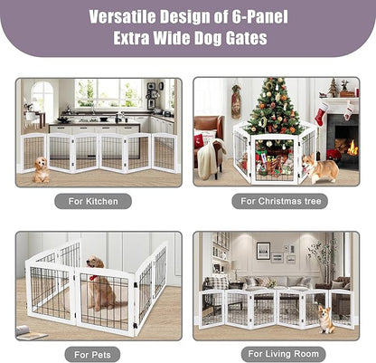 LZRS 6-Panel Extra Wide Wooden Freestanding Dog Gate: Foldable Solid Wood and Steel Wire Chew Resistant Safety Barrier for Doorways, Stairs, and Open Long Spaces Indoor Use, White