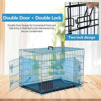 Dog Crate, 24/30/36/42/48 Inch Dog Crates for Small Medium Large Dogs Indoor, Folding Metal Dog Kennel Dog Cage with Double-Door, Divider Panel, Removable Tray, Locks and Handle, (36 Inch, Blue)