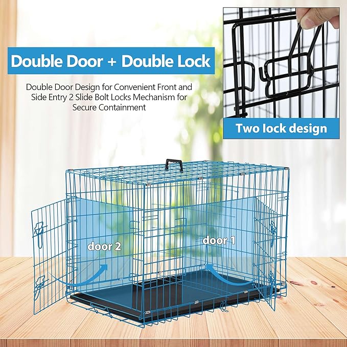 Dog Crate, 24/30/36/42/48 Inch Dog Crates for Small Medium Large Dogs Indoor, Folding Metal Dog Kennel Dog Cage with Double-Door, Divider Panel, Removable Tray, Locks and Handle, (42 Inch, Blue)
