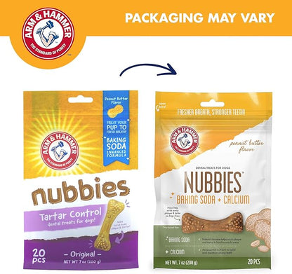 Arm & Hammer for Pets Nubbies Dental Treats - Baking Soda & Calcium Dog Dental Chews, Nubbed Texture Helps Scrub Plaque & Tartar While Chewing, Peanut Butter Flavor, 20 Count, 7 Ounce