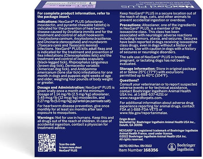 NexGard Plus (afoxolaner, moxidectin, and pyrantel) Flea and Tick Protection & Heartworm Preventive for Dogs Soft Beef Flavored Chewables, 33.1-66 lbs. (Purple) 1 Chew (1 Month Supply)