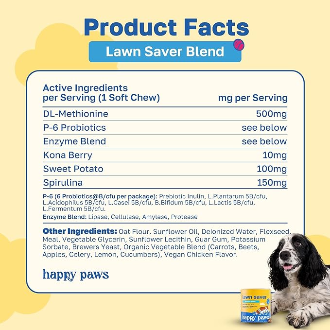 Happy Paws Lawn Saver Supplement, Probiotics for Dogs to Help Grass Stay Green & Prevent Lawn Burn, Digestive Health Support with Antioxidants & Fiber, Vegan Chicken Flavor, Non GMO, 200 Soft Chews