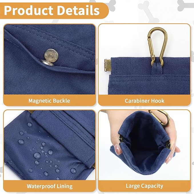 Dog Treat Pouch, Hand Free Dog Training Treat Bag with Carabiner & Magnetic Buckle, Auto Closing Pet Walking Bag for Puppy Travel or Outdoor Use, Pet Feed Snack Reward Pocket, Navy