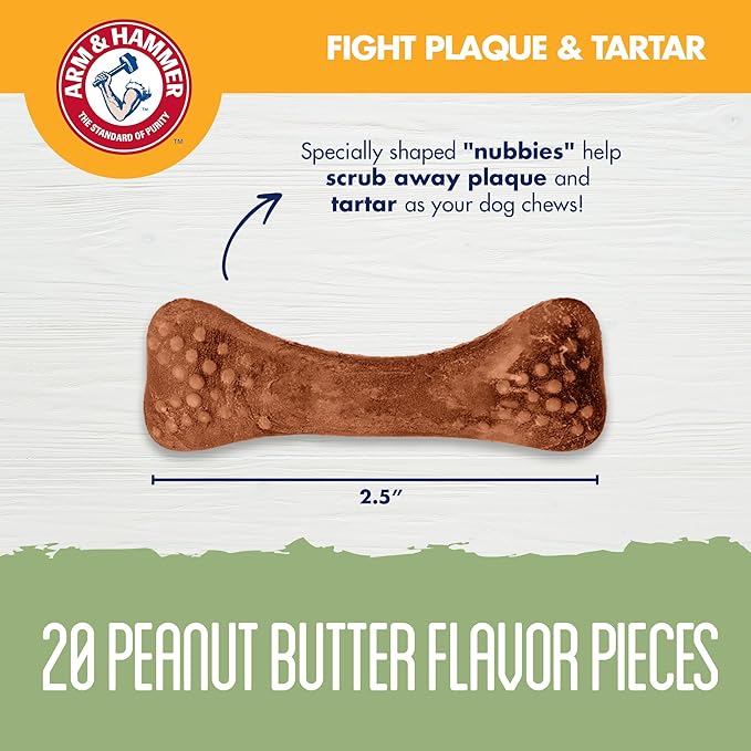 Arm & Hammer for Pets Nubbies Dental Treats - Baking Soda & Calcium Dog Dental Chews, Nubbed Texture Helps Scrub Plaque & Tartar While Chewing, Peanut Butter Flavor, 20 Count, 7 Ounce