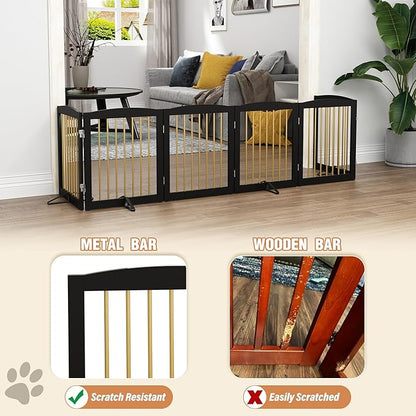 PUPETPO Freestanding Pet Gate for Dogs, Foldable Wooden Dog Gate for House, Extra Wide Indoor Pet Barrier for Stair, Doorway, Hall, Support Feet Included, 120 Inch Wide, 6 Panels 24",Black&Gold