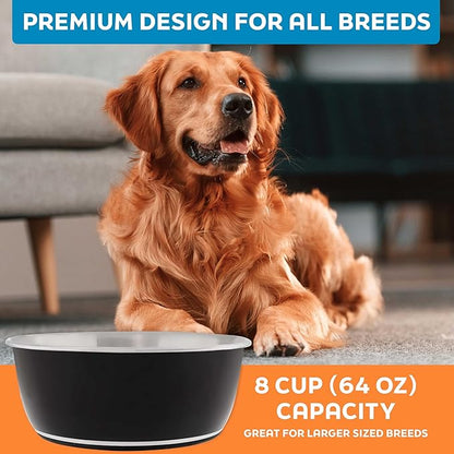 Master Pet Supply Stainless Steel Dog Bowls Set of 2 (64 Oz Each) with Non-Slip Rubber Base - Black Velvet - Basic Dog Food Bowl Water & Food Bowls for Small Medium Large Dogs & Cats, Metal Dish