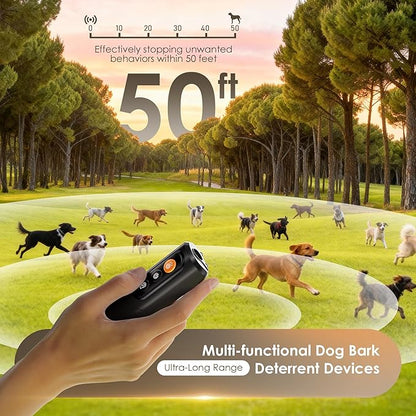 Dog Bark Deterrent Device & Anti Barking Device for Dogs, 50FT Ultrasonic Dog Trainer - Silent to Humans, Safe, Humane, Long-Lasting Rechargeable Black Handheld with LED, Indoor/Outdoor