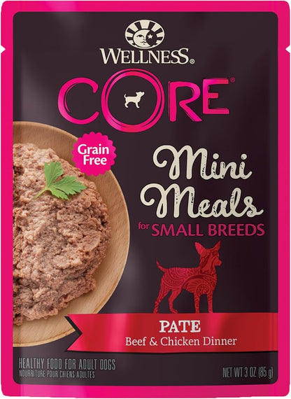 Wellness CORE Small Breed Mini Meals Pate Adult Wet Dog Food, Grain Free, Natural, Beef and Chicken Dinner Recipe, 3 oz, Pack of 12 Pouches