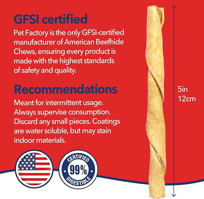 Pet Factory American Beefhide 5in Twist Sticks Dog Dental Chews - Natural Rawhide Dental Chews with Chicken Flavor for Small to Medium Dogs, Promotes Oral Health - 5 Inches (Pack of 1)